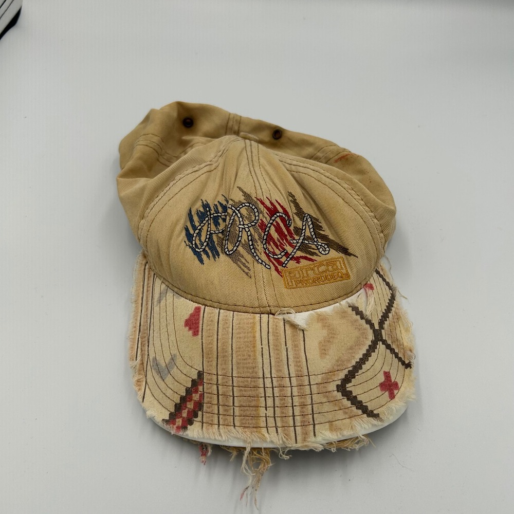 PRCA Snapback Hat Mens OSFA Tan Vintage ProRodeo Distressed Frayed Made in USA